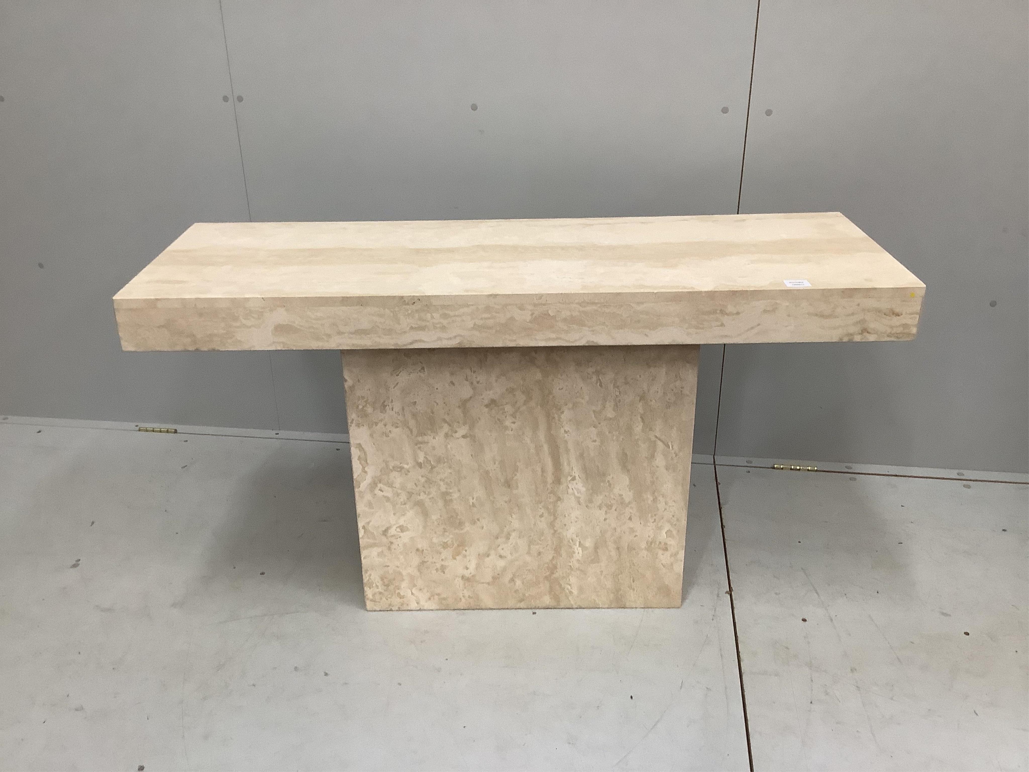 A reconstituted marble rectangular console table, width 135cm, depth 45cm, height 72cm. Condition - good